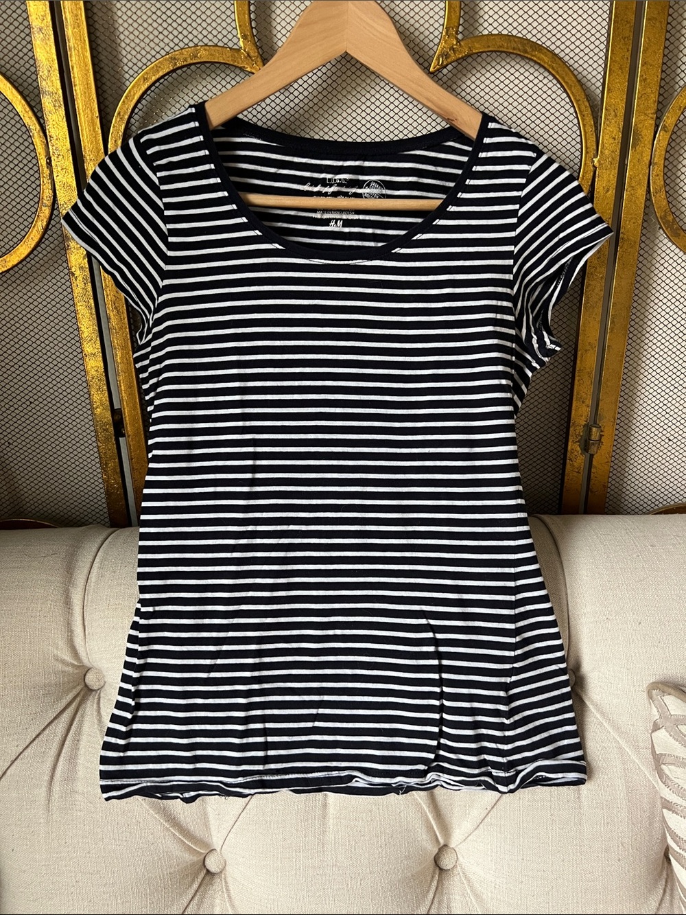 H&M Black & White Striped Scoop Neck Short Sleeve Top